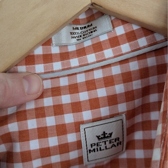 Peter Millar Shirt M Medium Orange Red White Check Button Up Long Sleeve gingham - Picture 6 of 6